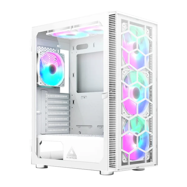 Montech X3 Glass ,3 x 140mm& 3 x 120mm Fixed RGB Lighting Fans ATX Mid-Tower PC Gaming Case, USB3.0, Door Open Tempered Glass Side Panel, High Airflow, (White)