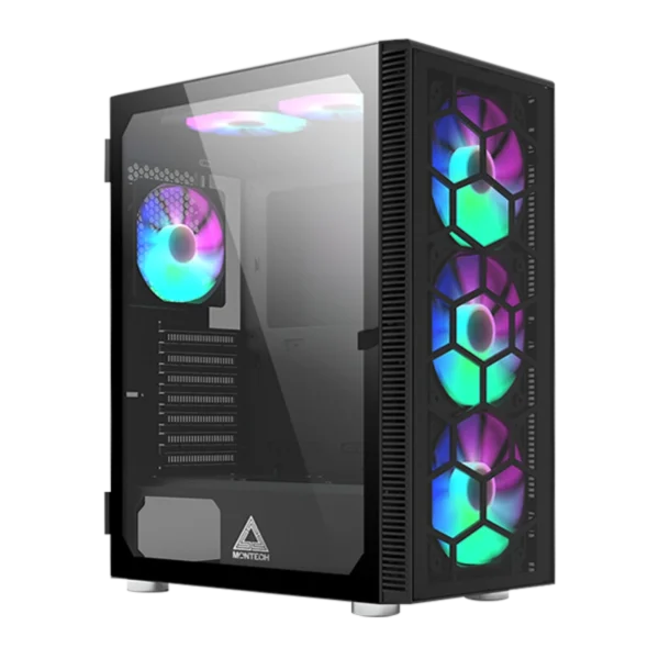 Montech X3 Glass ,3 x 140mm& 3 x 120mm Fixed RGB Lighting Fans ATX Mid-Tower PC Gaming Case, USB3.0, Door Open Tempered Glass Side Panel, High Airflow, (Black)